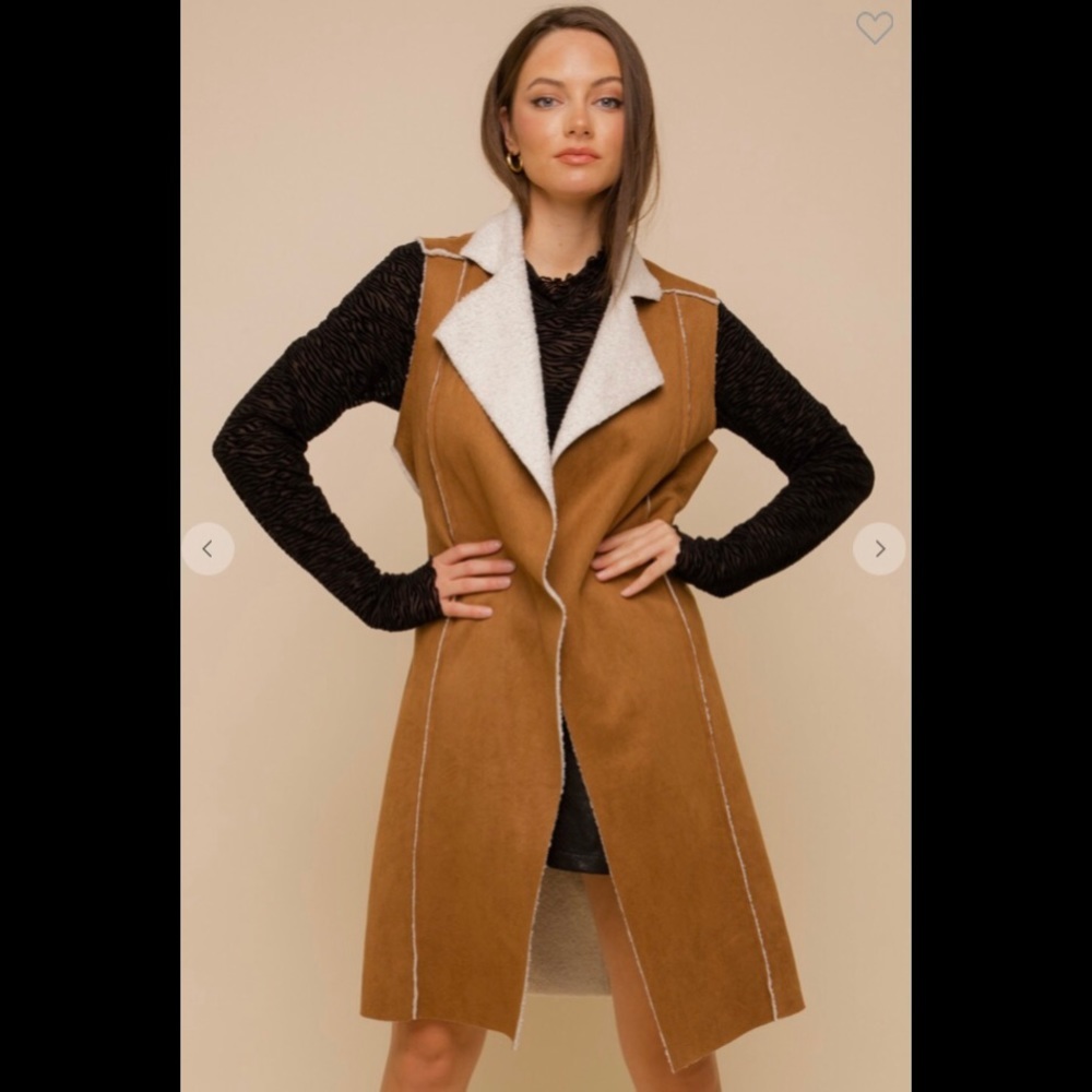 Faux fur lined suede midi vest in camel.